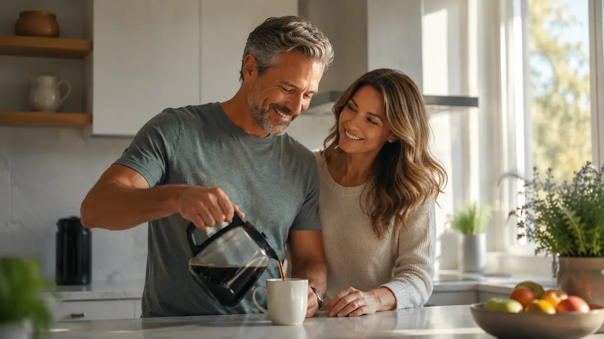 Happy middle aged couple smiling during relaxed morning at home