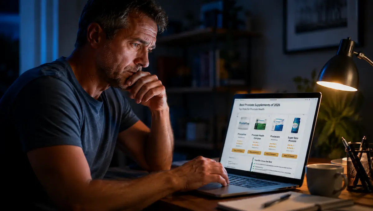 Middle aged man researching and comparing prostate health supplements online late at night