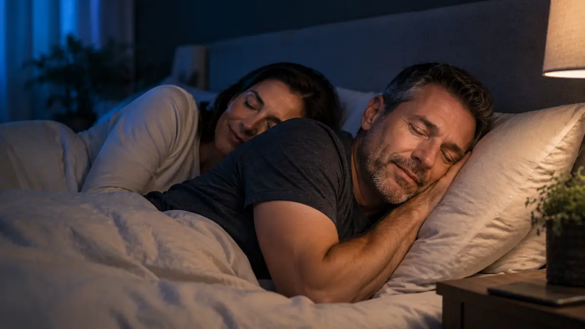 Middle aged man sleeping peacefully after improved nighttime comfort