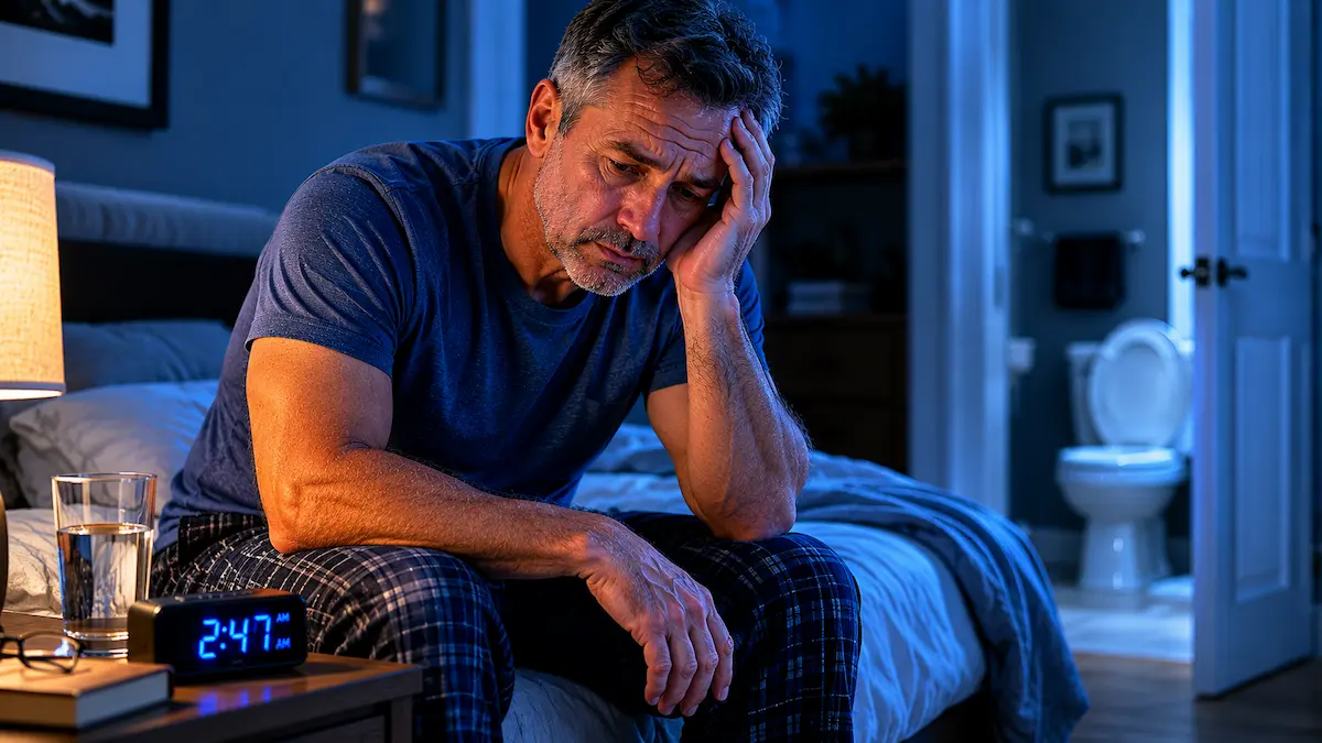 Middle aged man struggling with frequent nighttime urination and poor sleep
