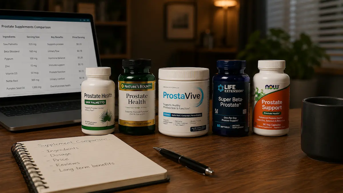 Different prostate supplement bottles compared side by side on table