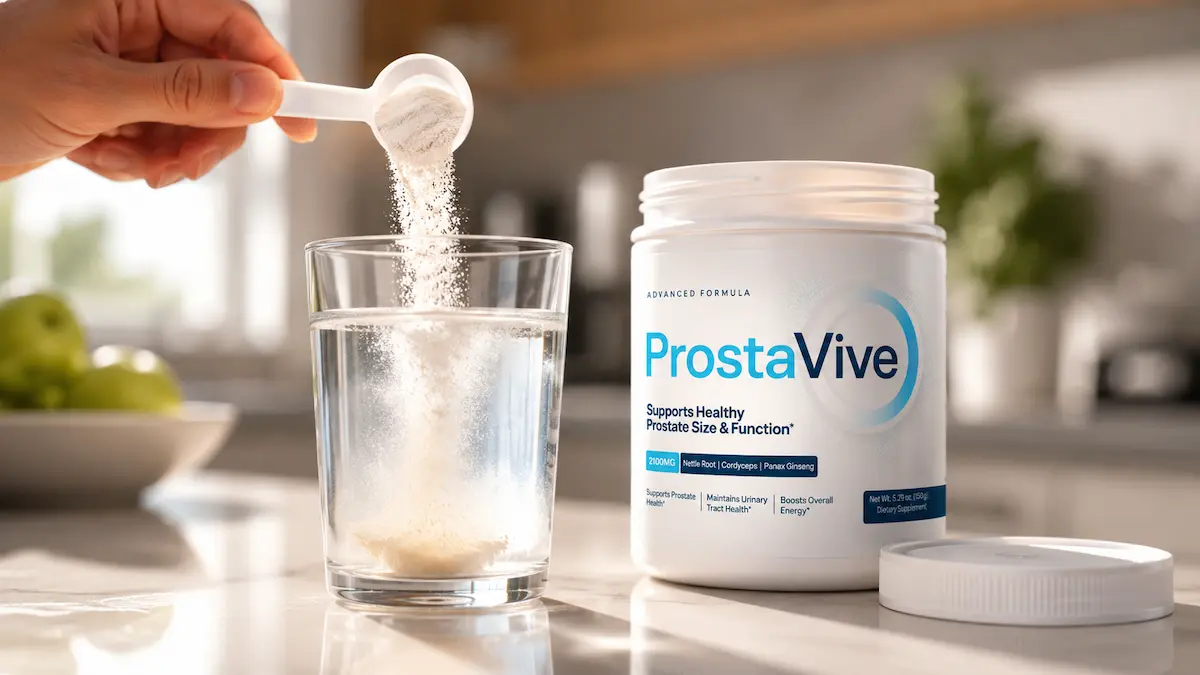 Glass of water with ProstaVive powder supplement being mixed using a scoop on a clean kitchen counter