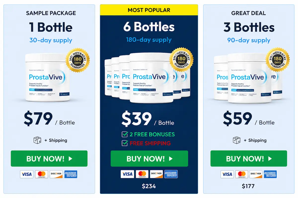 ProstaVive package pricing options showing bottle quantities and bundle savings