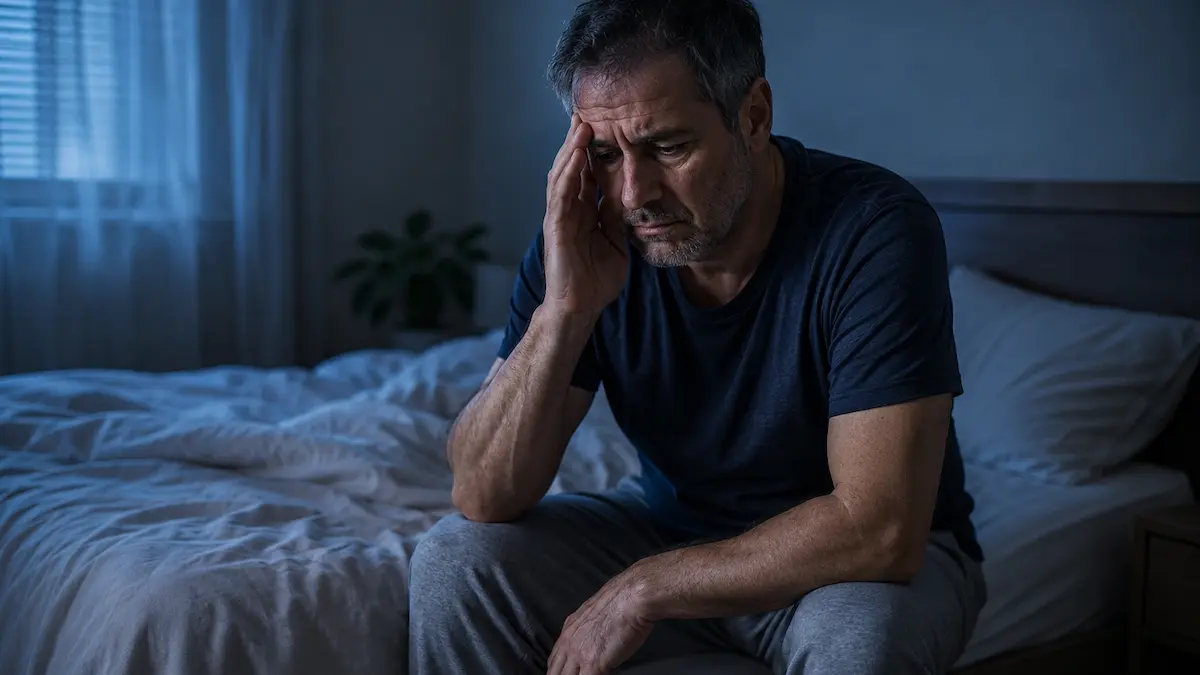 Middle aged man waking up at night feeling tired and frustrated